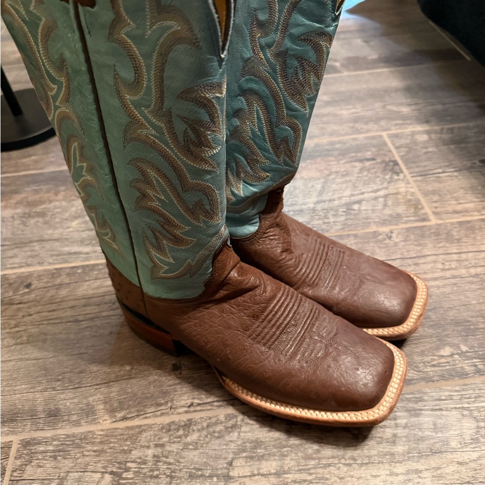 Justin Boots Brown Ostrich Leather with Teal Embroidered Shaft Western Boots - Picture 6 of 7